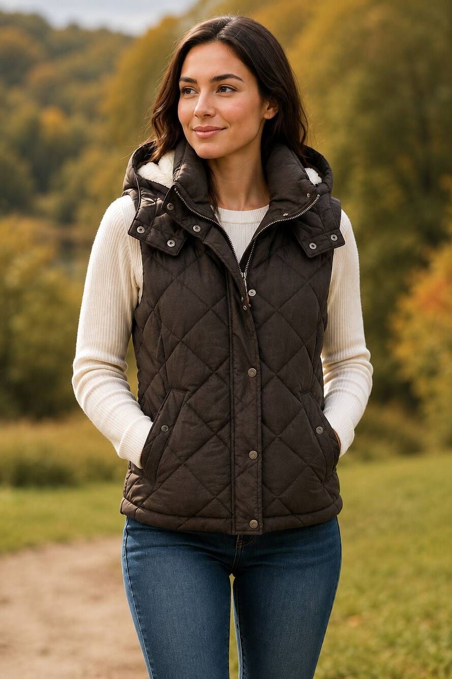 H&M LOGG Womens Detachable Hood Zipper Snap Closure Quilted Black Puffer Vest 10